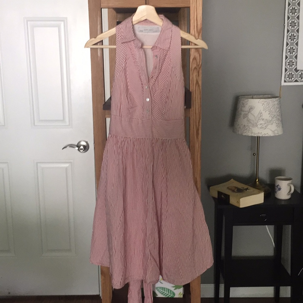 Pale red and white stripe shirt dress.